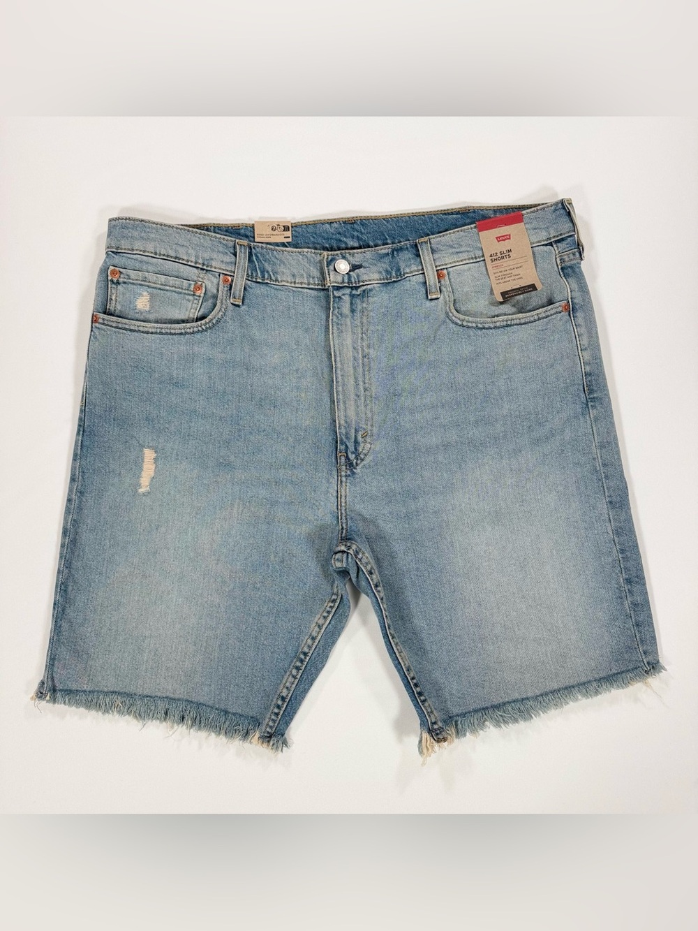 Levi's 412 Slim Denim Shorts Men 40 Light Wash Distressed Frayed Hem Stretch